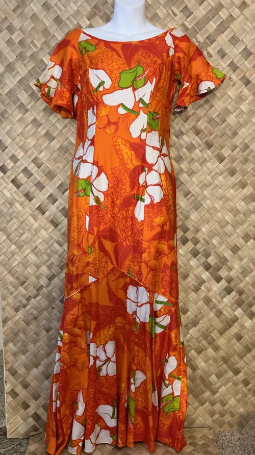 KIMO'S POLYNESIAN SHOP Orange cotton floral long maxi muu muu Hawaiian dress   Aloha-Cruz.com