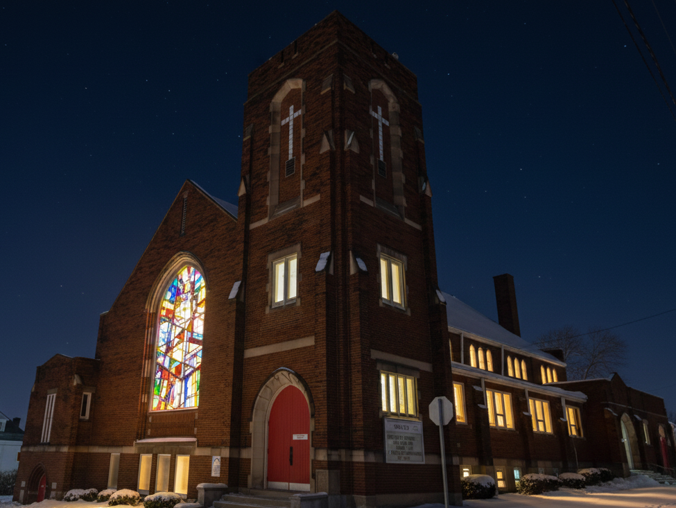 Night view of Spencer United Methodist Church in Pittsburgh with stained glass window and lit windows, snow on the ground.
