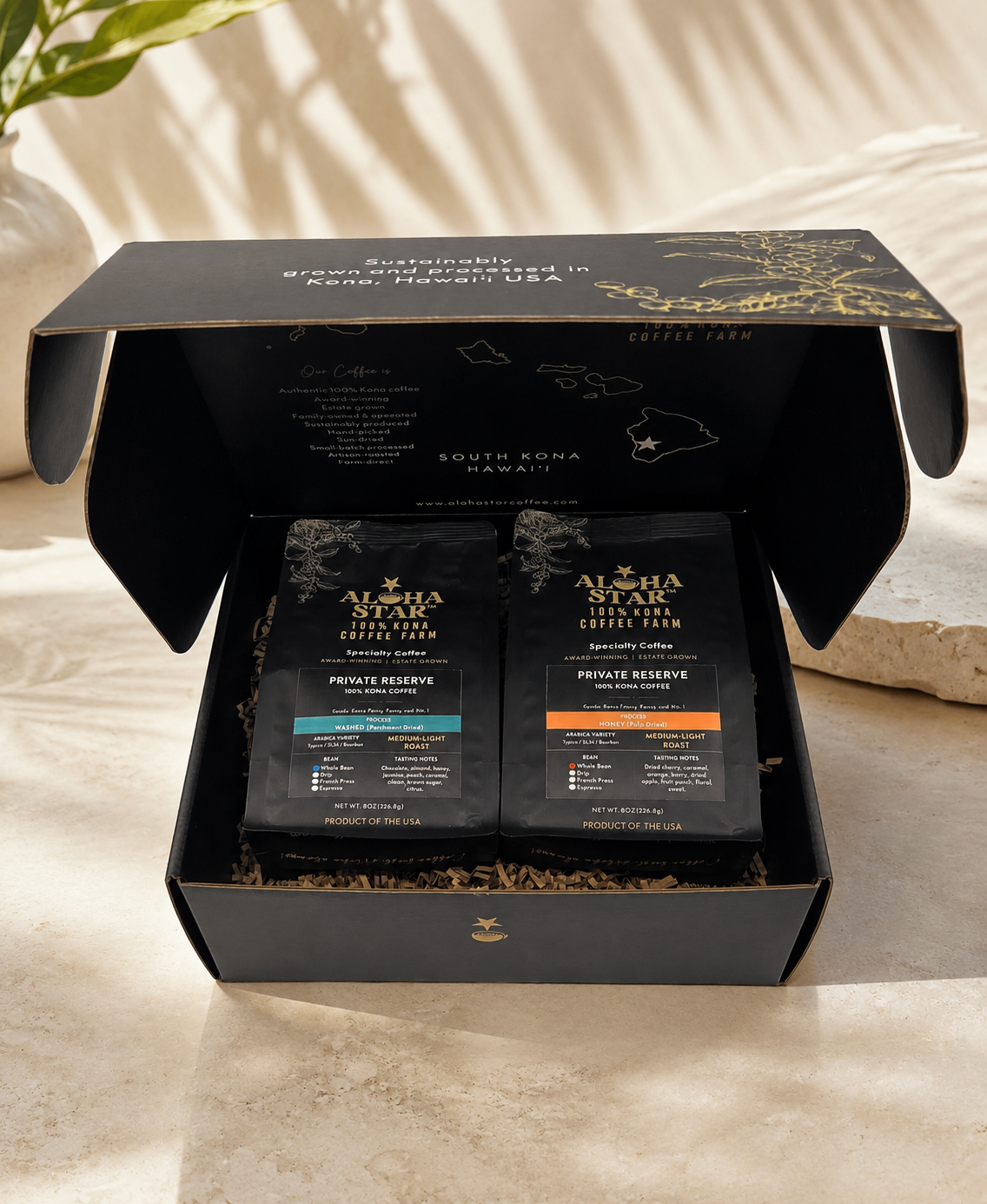 100% Kona Coffee Gift Box 8OZ Duo Private Reserve