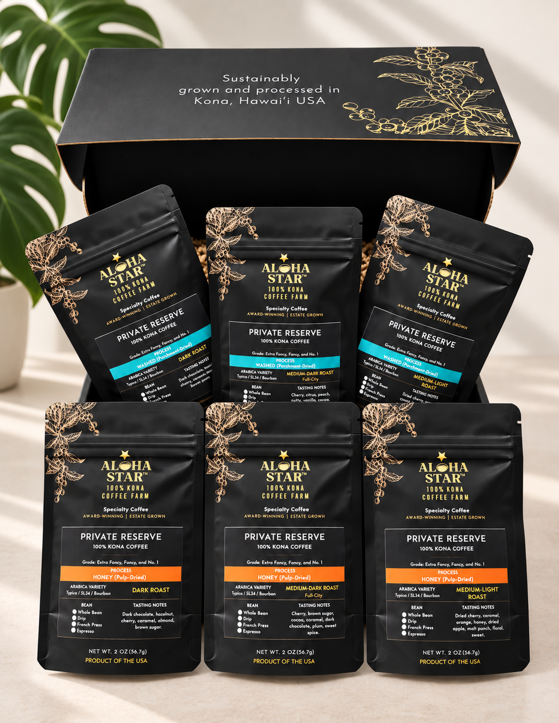 Aloha Star 100% Kona Coffee Sampler Gift Box with six 2 oz Private Reserve coffees featuring washed and honey processes in three roast levels.