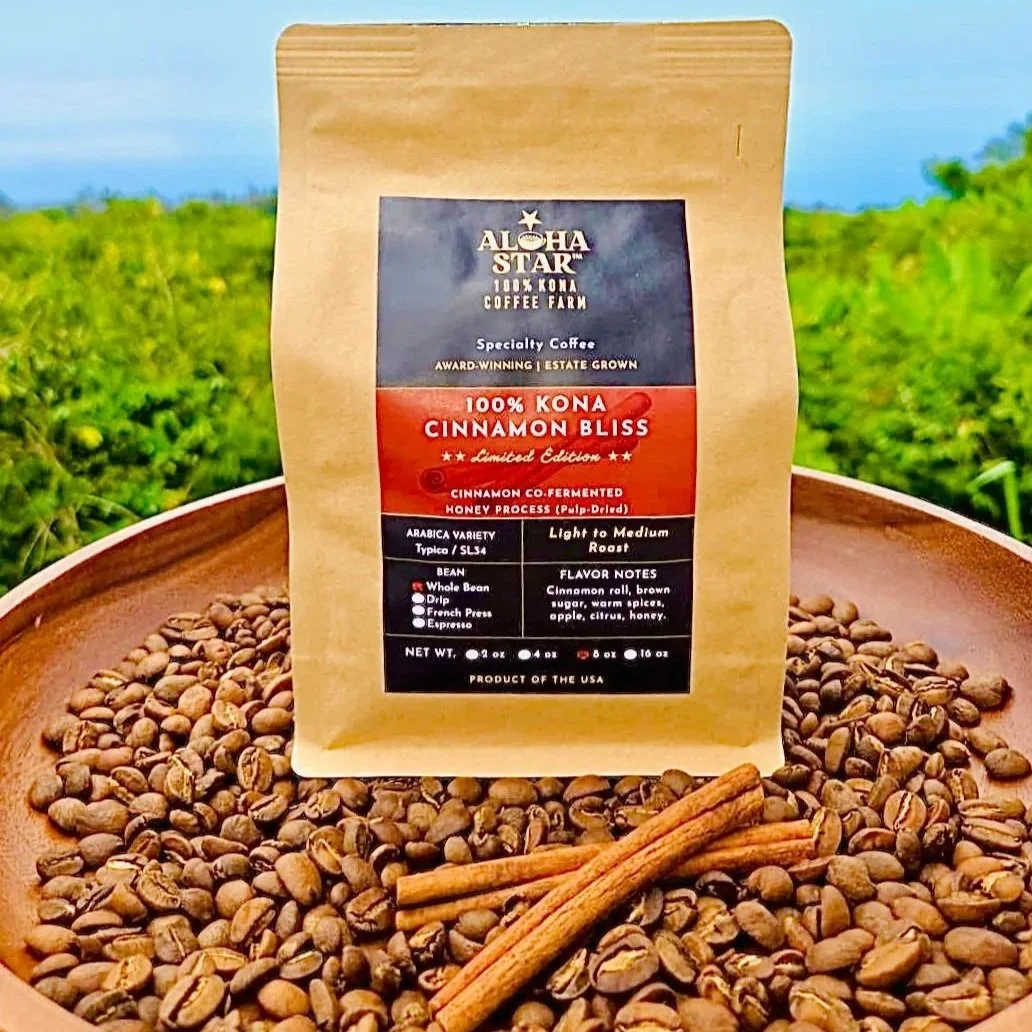 Aloha Star 100% Kona Cinnamon Bliss Coffee Limited Edition. Cinnamon Co-fermented Honey processed coffee. 8 oz. bag