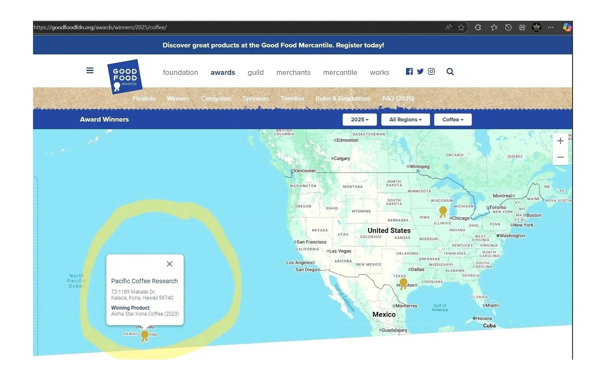 Screenshot of a website showing the 2025 Good Food Awards winners map, highlighting a coffee from Hawaii.