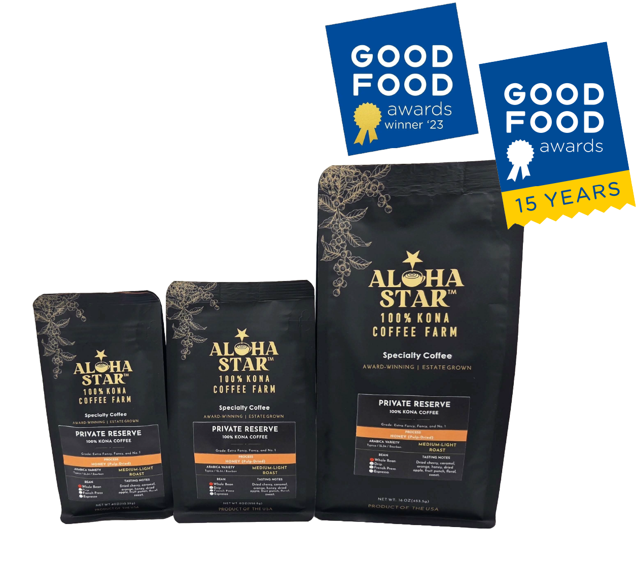 Aloha Star 100% Kona coffee HONEY processed was the winning coffee behind Pacific Coffee Research’s 2023 Good Food Awards submission, with Aloha Star recognized as the producer.