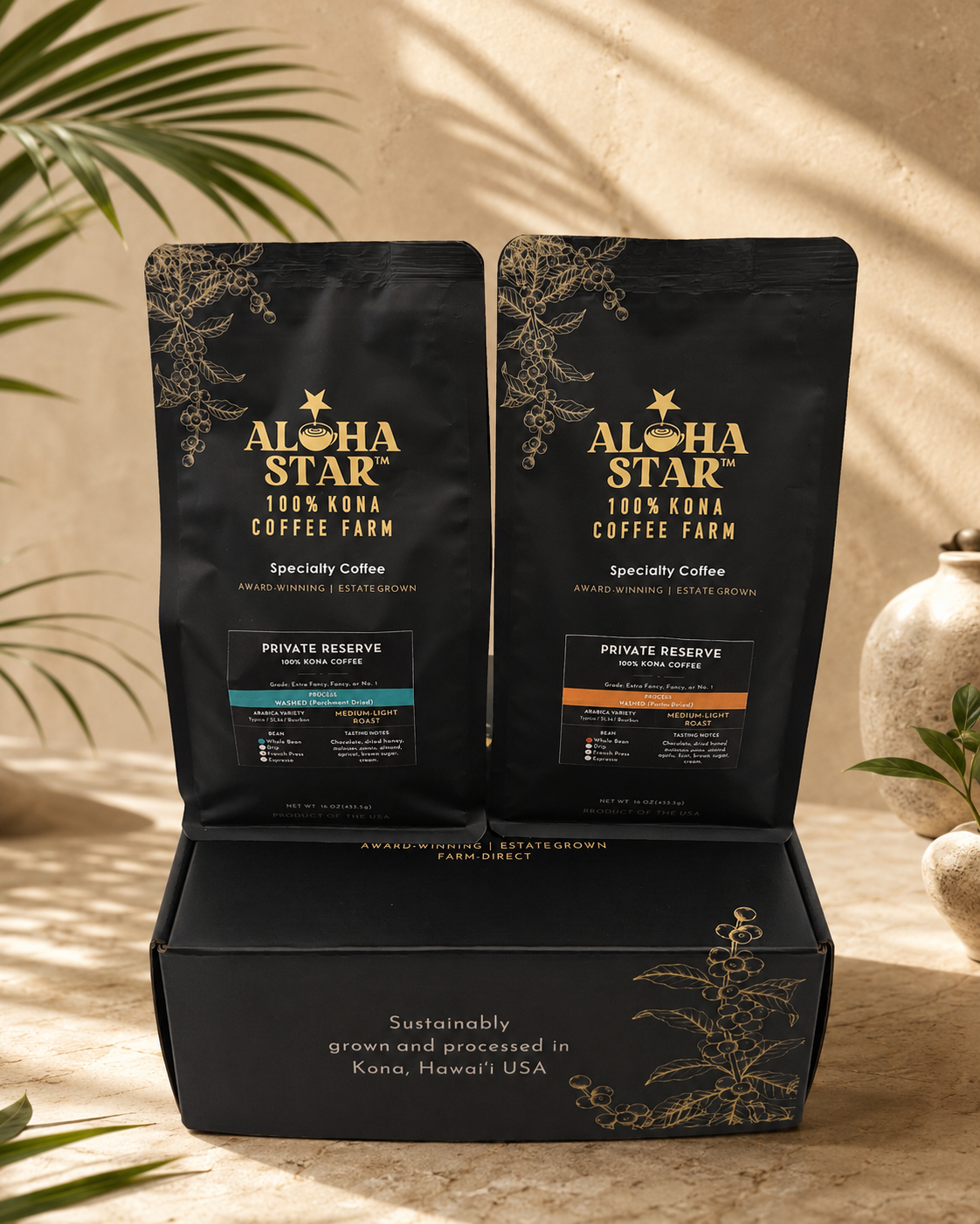 100% Kona Coffee Gift Box 16OZ Duo Private Reserve