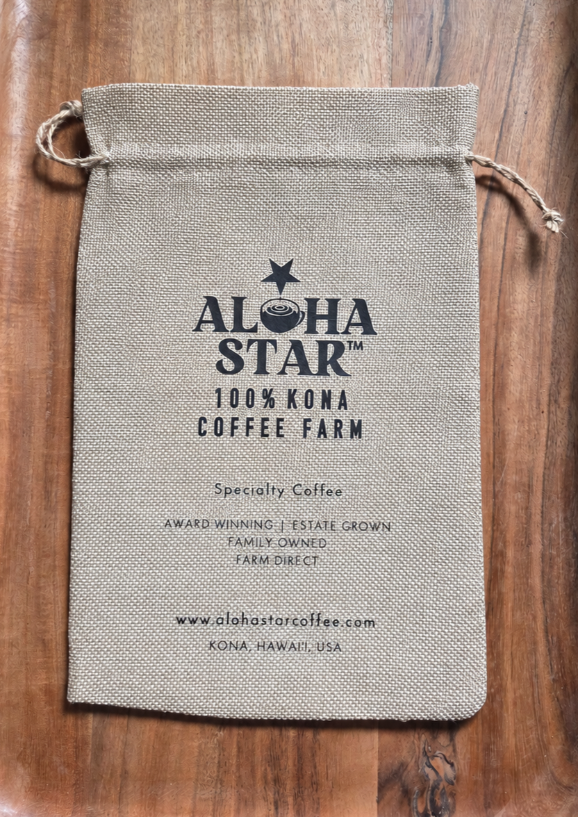 Aloha Star branded burlap gift pouch for 100% Kona coffee