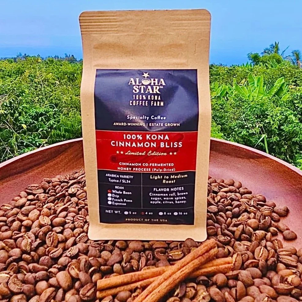 Aloha Star 100% Kona Cinnamon Bliss Coffee Limited Edition. Cinnamon Co-fermented Honey processed coffee. 4 oz. bag