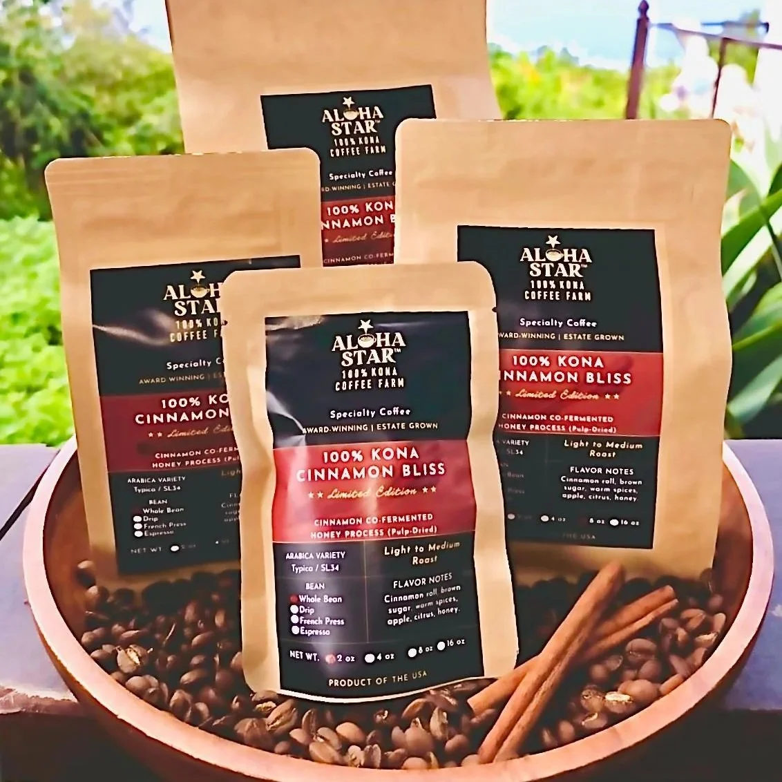 Aloha Star 100% Kona Cinnamon Bliss Coffee Limited Edition. Cinnamon Co-fermented Honey processed coffee. Available in 2,4,8 and 16oz.