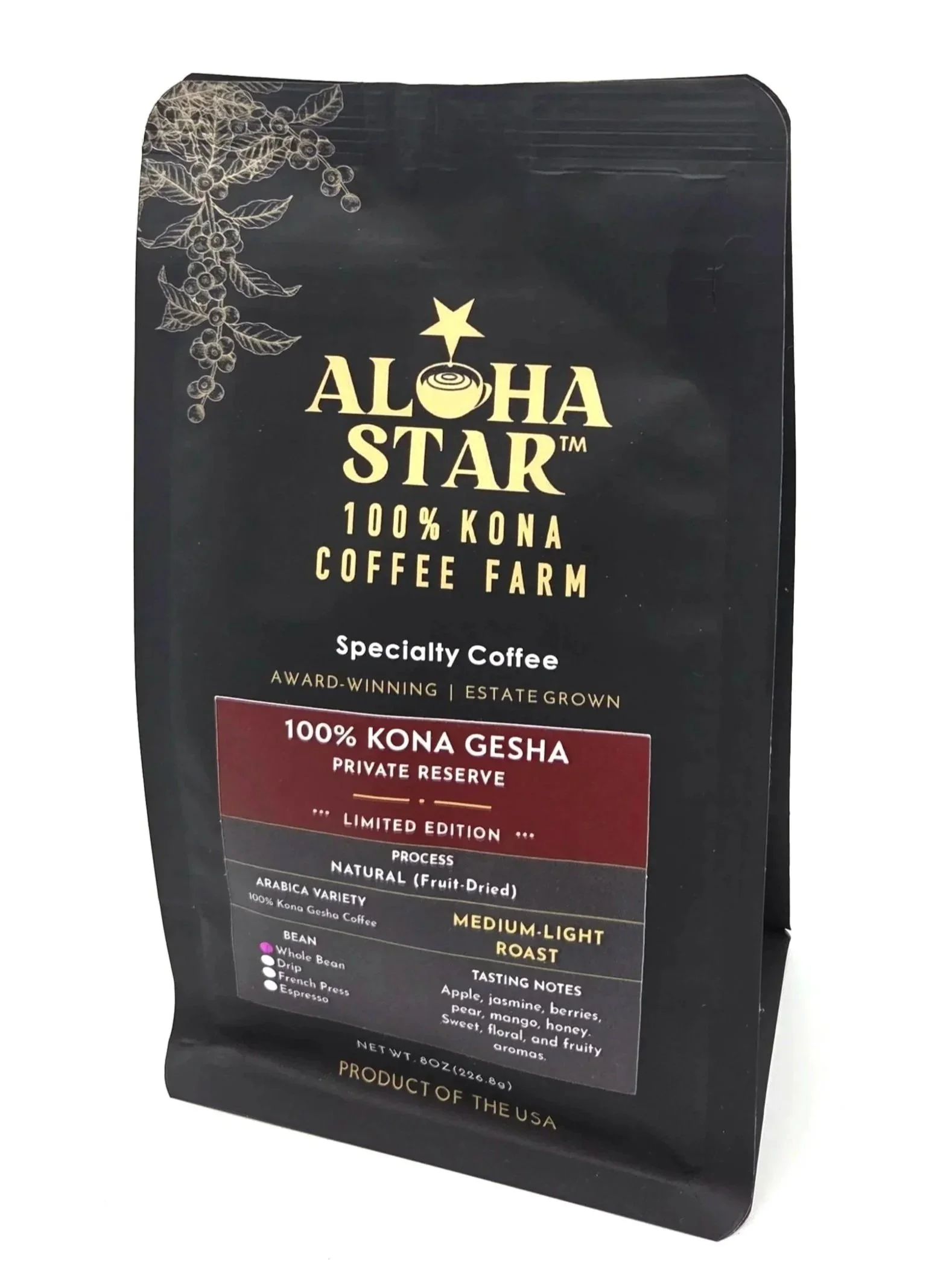 100% Kona GESHA Coffee Private Reserve NATURAL Process