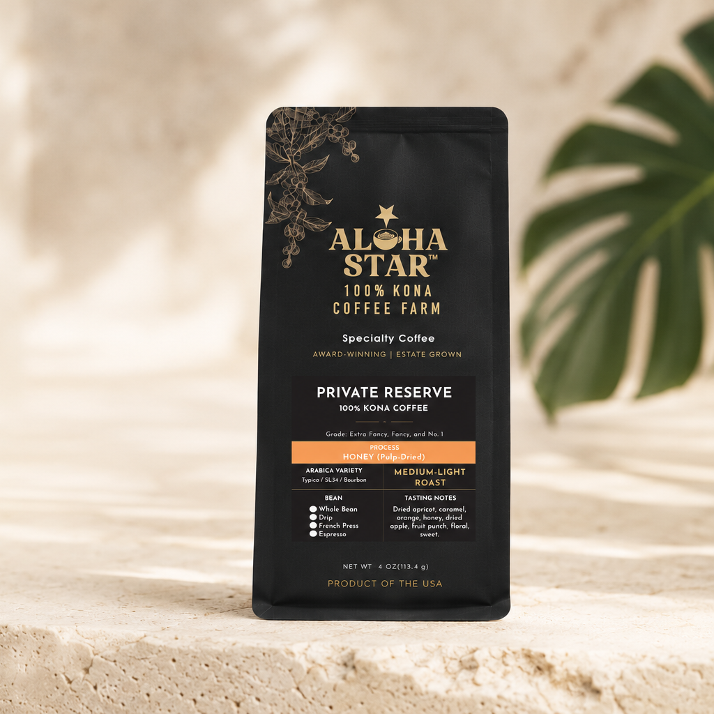 Complimentary 4 oz bag of Aloha Star Signature Honey Process estate-grown 100% Kona coffee.