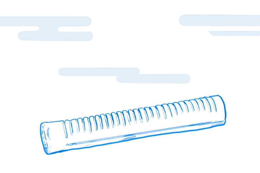 A close-up digital illustration of a comb with fine teeth against a light background with abstract cloud shapes.