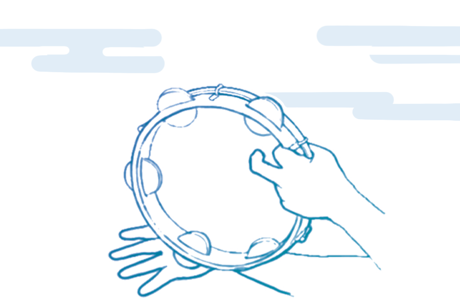 A line drawing of a hand holding a tambourine, with another hand playing the tambourine using a drumstick, set against a background with a few clouds.