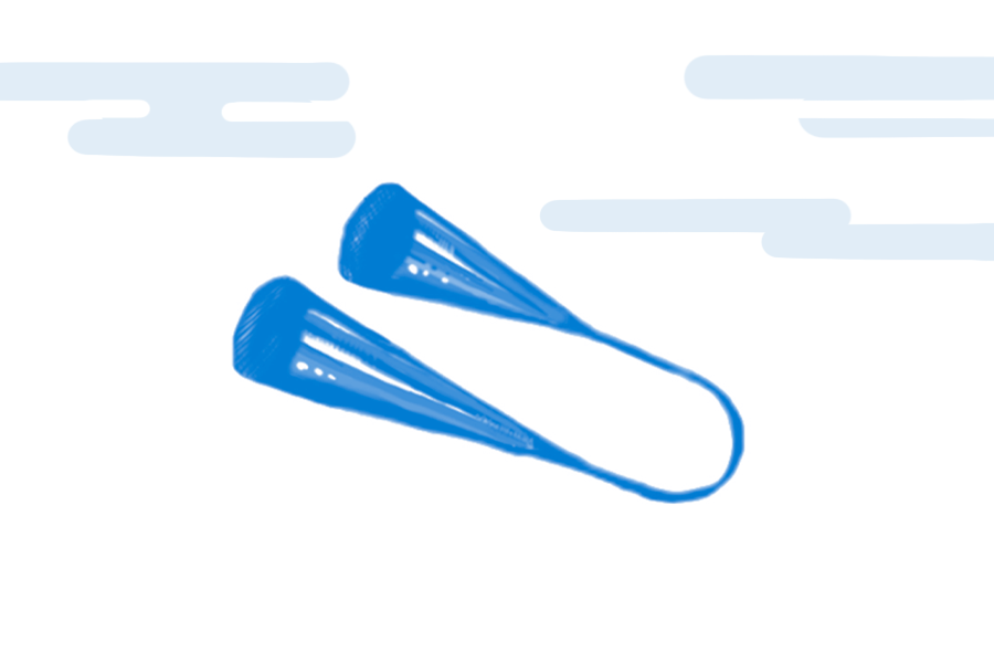 Blue air hockey paddles flying through the air against a light blue sky with stylized clouds.