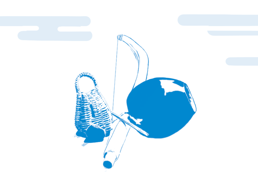 Illustration of a beach scene with a straw bag, two maracas, and a ball on a sandy beach with clouds in the sky.