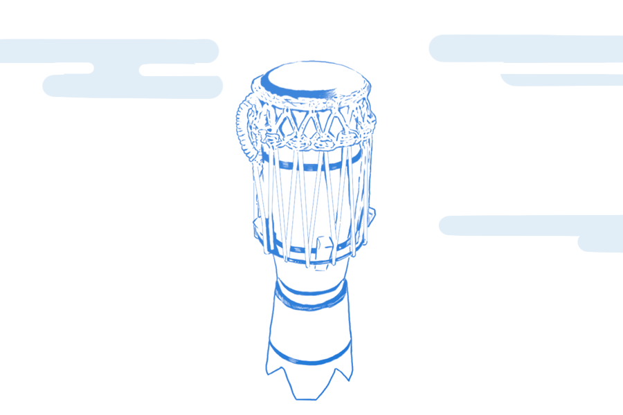 Line art illustration of a traditional drum with a detailed drumhead, set against a light background with clouds.