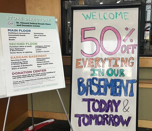 Happy Friday!
.
⭐️50% off everything in our basement!⭐️
.
Today and Tomorrow! .
.

#svdpgr #largestthriftstoreinGR #svdpgrthriftstore #stvincentdepaulthriftstore #stvincentdepaul #thriftstore #grthriftstore #grandrapidsthriftstore #nonprofit #grandra