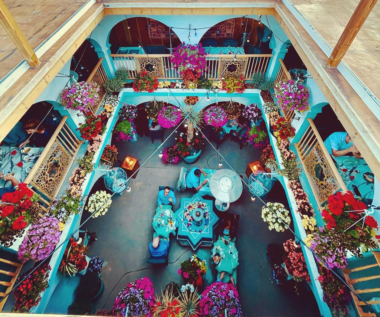 Aerial views of our courtyard, ranked as one of the world&rsquo;s 14 best designs of 2020 by the Los Angeles Times. Despite being outdoor, our courtyard is open rain or shine with an overhead in place that protects all our tables from the elements. R