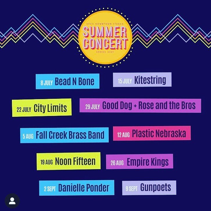 Walk, bike, or bus to @downtownithaca tonight for the summer concert series! 🎉