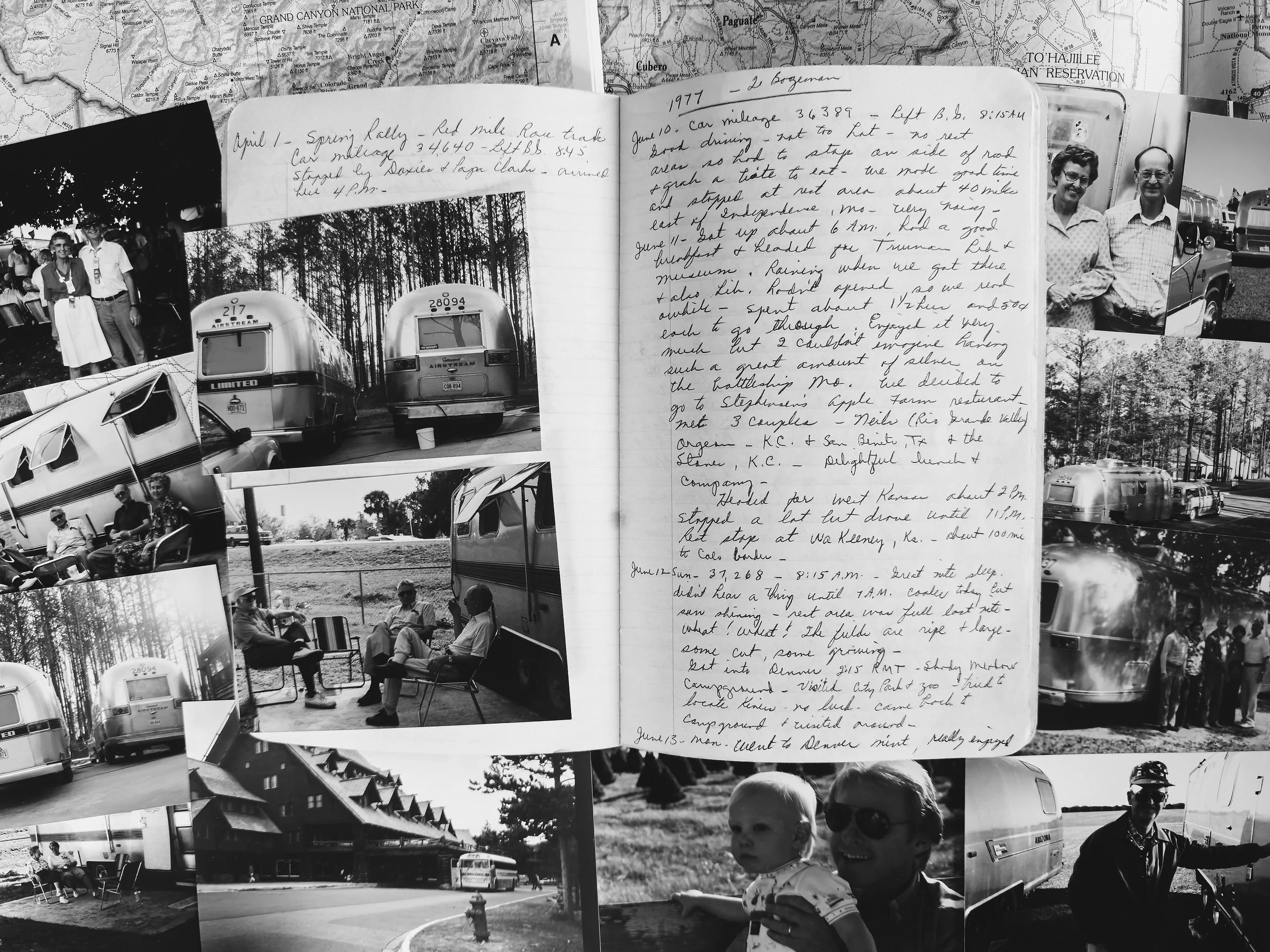 A photograph of a collage of an old travel journal and old black and white photographs with airstreams
