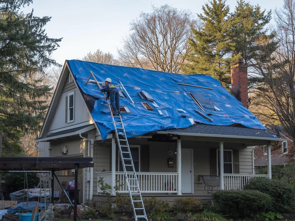 Temporary roof repair after storm damage in Washington