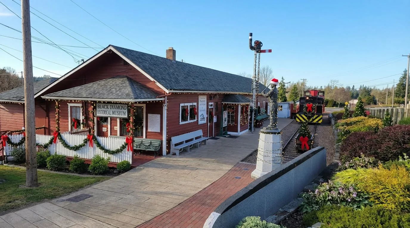 Historic Black Diamond area decorated with holiday lights.