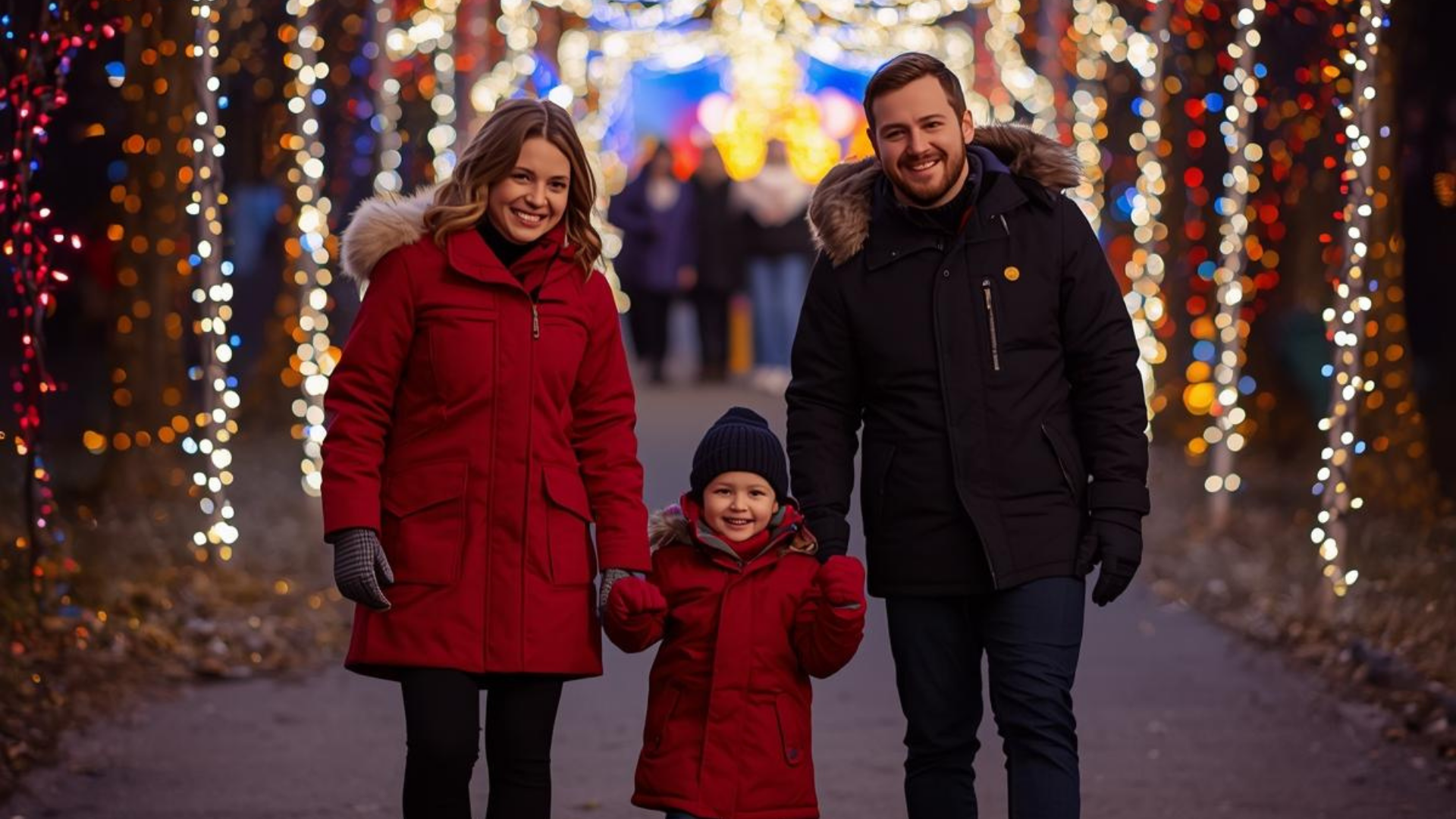 Maple Valley family walking through holiday light displays.
