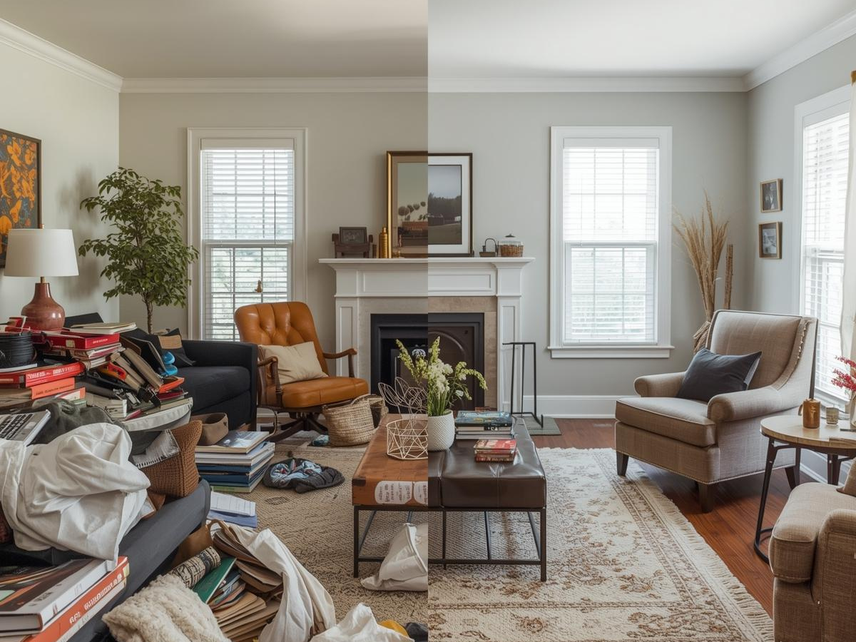 Decluttered living room compared to cluttered space during home staging preparation.