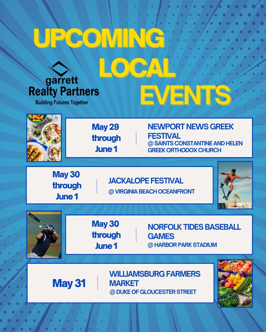 Looking for something to do this weekend? We've got you covered! Check out what is going on in the local Hampton Roads community over the next few days! 😎

#garrettrealtypartners #buildingfuturestogether #hamptonroads #weekend #lovewhereyoulive