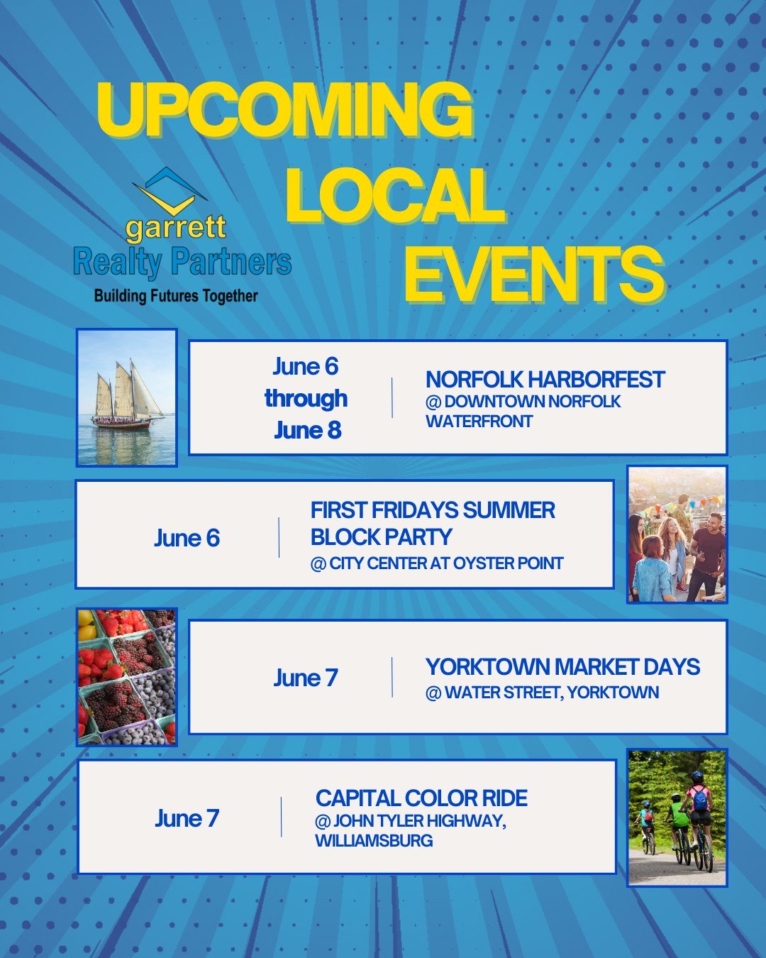 The weekend is almost here, and so is the fun! 🎉✨ Check out what&rsquo;s happening around Hampton Roads - from markets to family-friendly festivals, there&rsquo;s something for everyone!

#garrettrealtypartners #buildingfuturestogether #hamptonroads