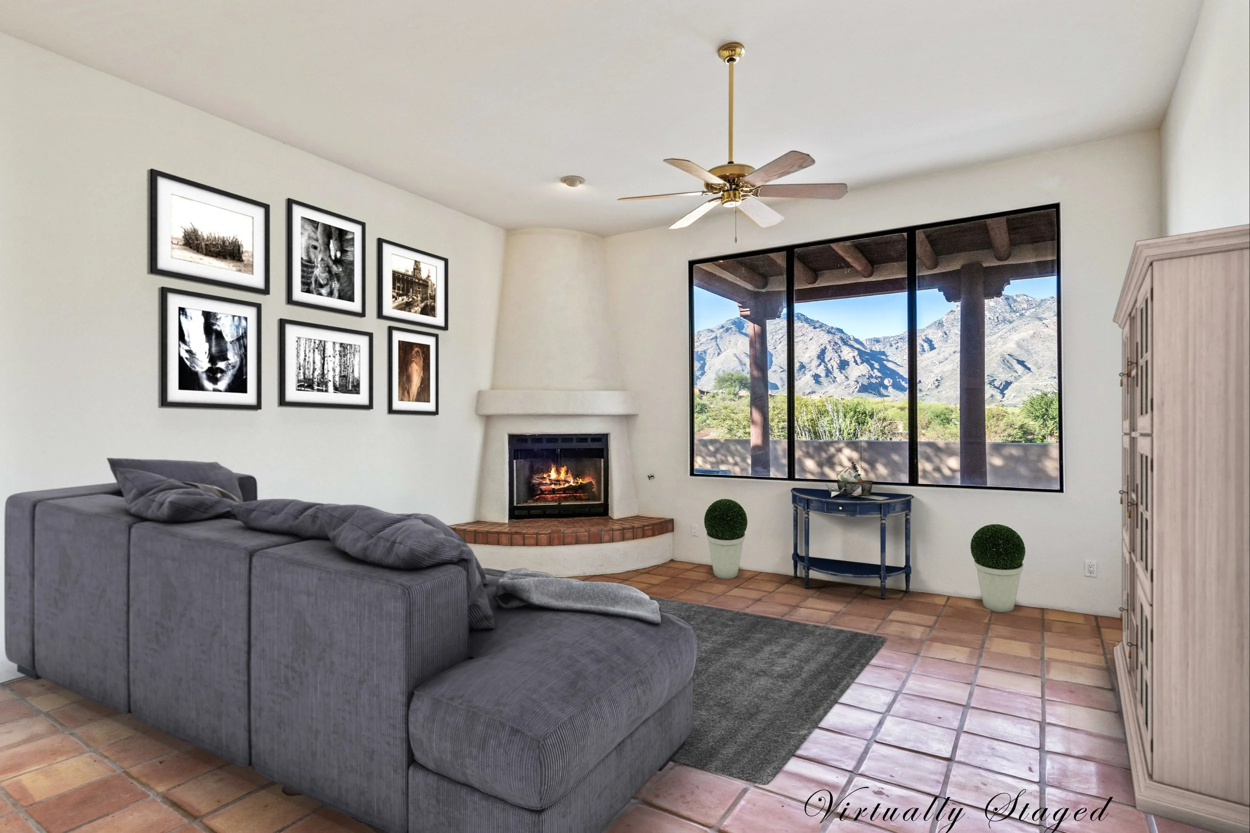 Luxury interior family room with furniture and fireplace Oliver Realty sold home in Catalina Foothills Tucson Arizona