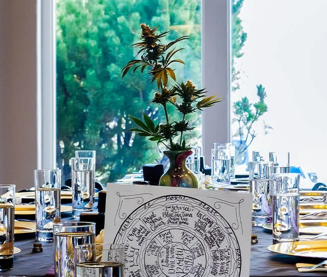 Table set for a private cannabis dinner in Denver, with glassware, place settings, and a cannabis centerpiece.