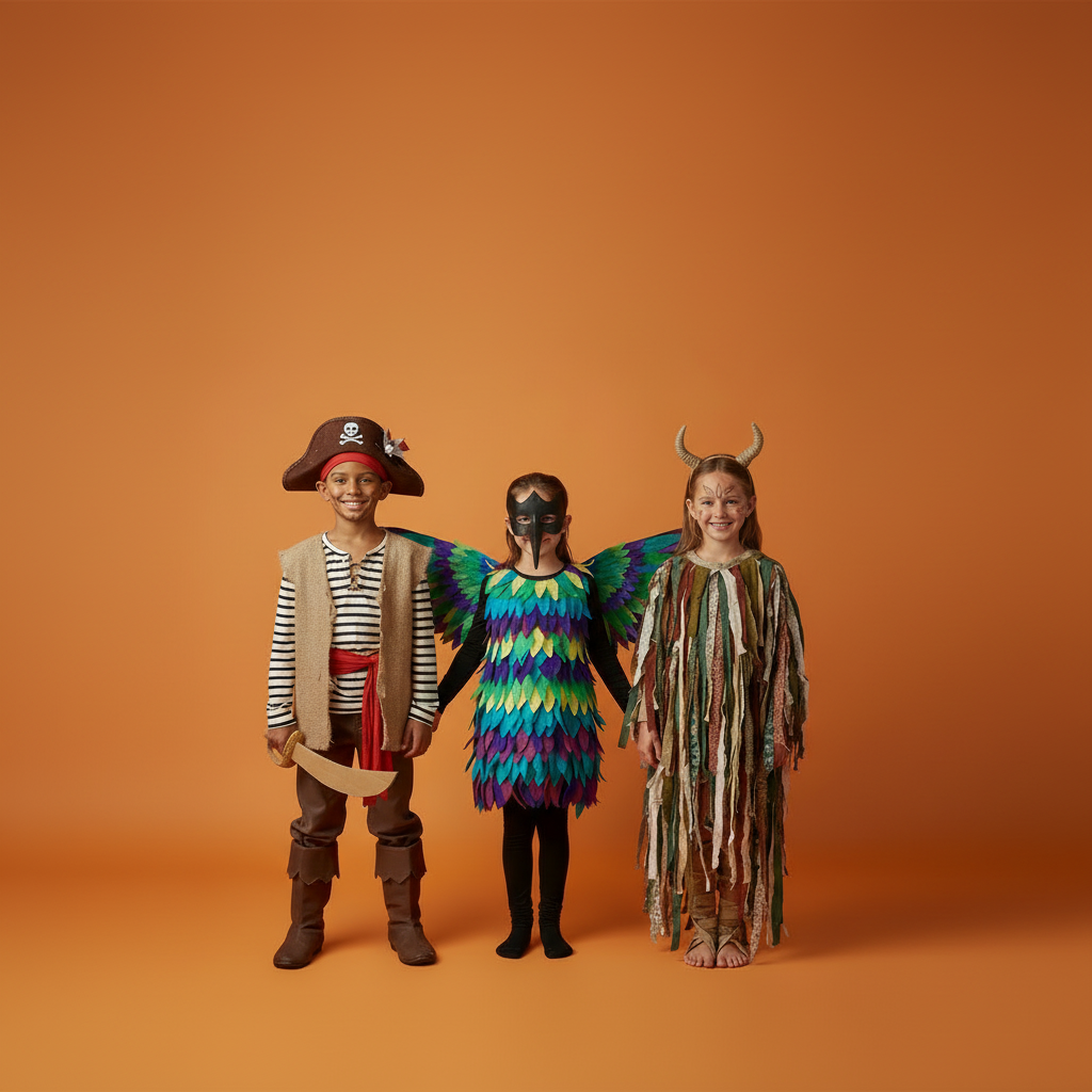 Firefly_Gemini Flash_three children on an orange seamless background. The three children are diverse, a bo 459868.png