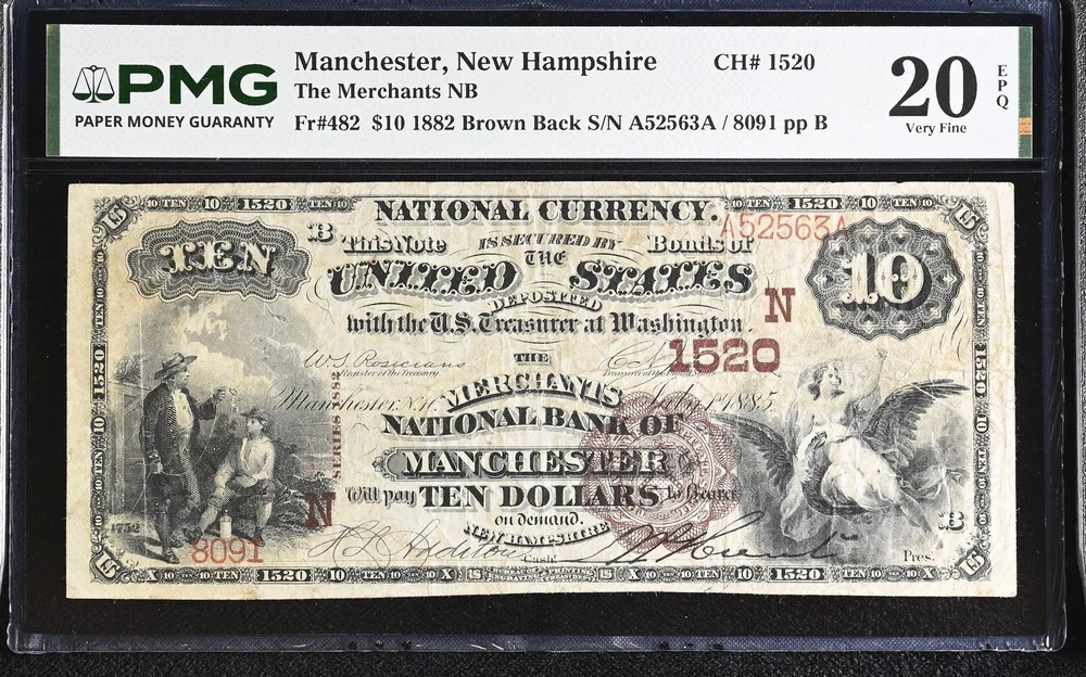 1882 $10 Brown Back National Bank Note from the Merchants National Bank of Manchester, New Hampshire, charter 1520, Friedberg 482, in a PMG Very Fine 20 EPQ holder