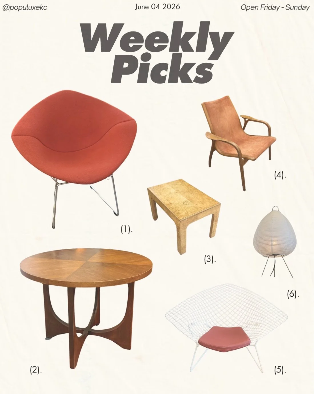 Come see all these pieces in person THIS WEEKEND at Populuxe! Feel free to also DM us with further questions
or pricing 

(1). Upholstered Wire Lounge Chair
  c. 1960s

(2). Brazillia Round Walnut Accent Table
  Mid-Century Modern, c. 1960s

(3). Par