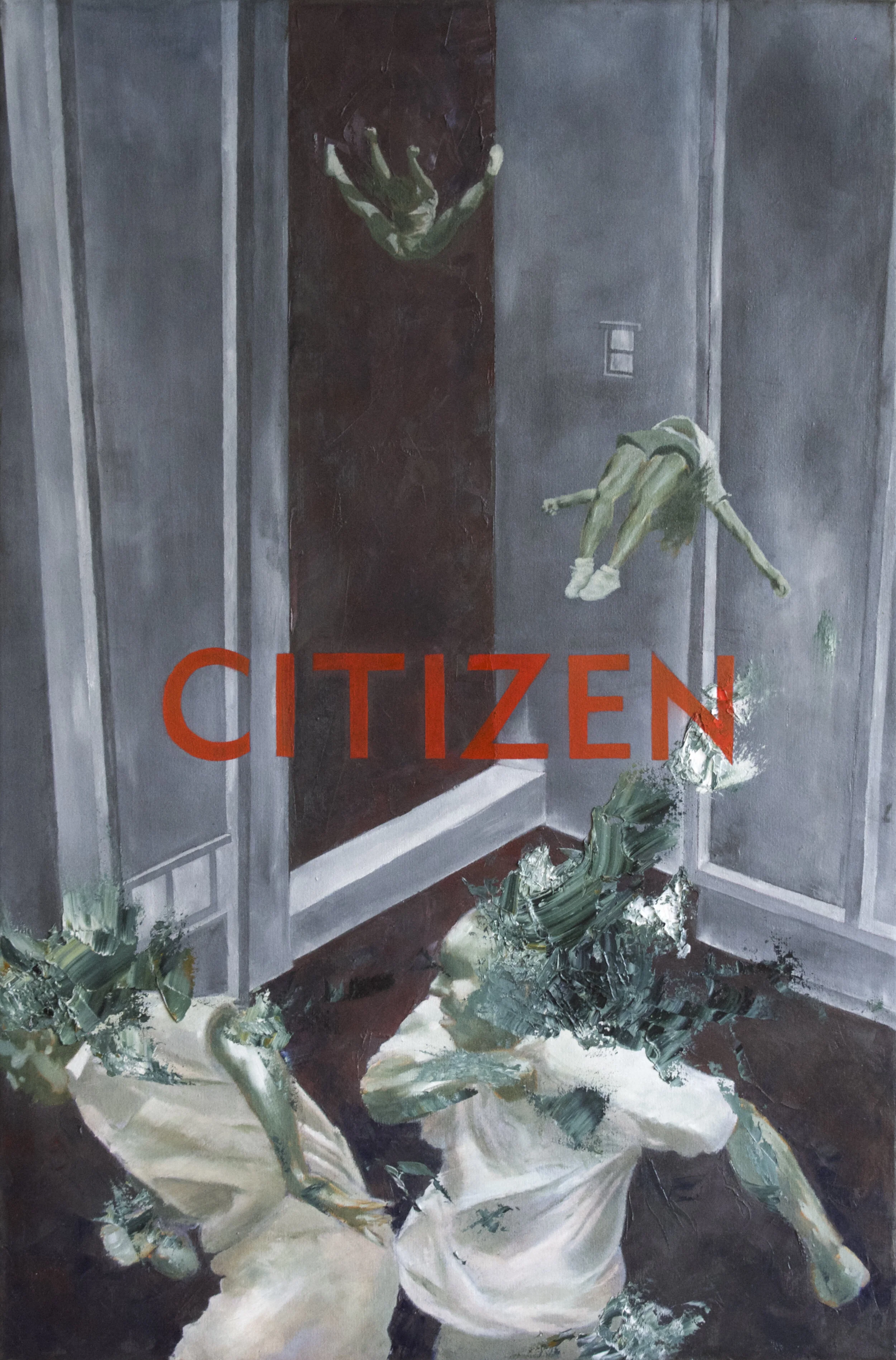 Ko Smith - Citizen#1, Oil, graphite, ballpoint pen, on permatex blue drape, 29 x 19 inches,
