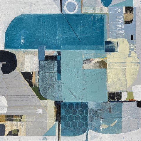 Colter, Check List, 20" x 20" x 11", acrylic, mixed media, collage on panel