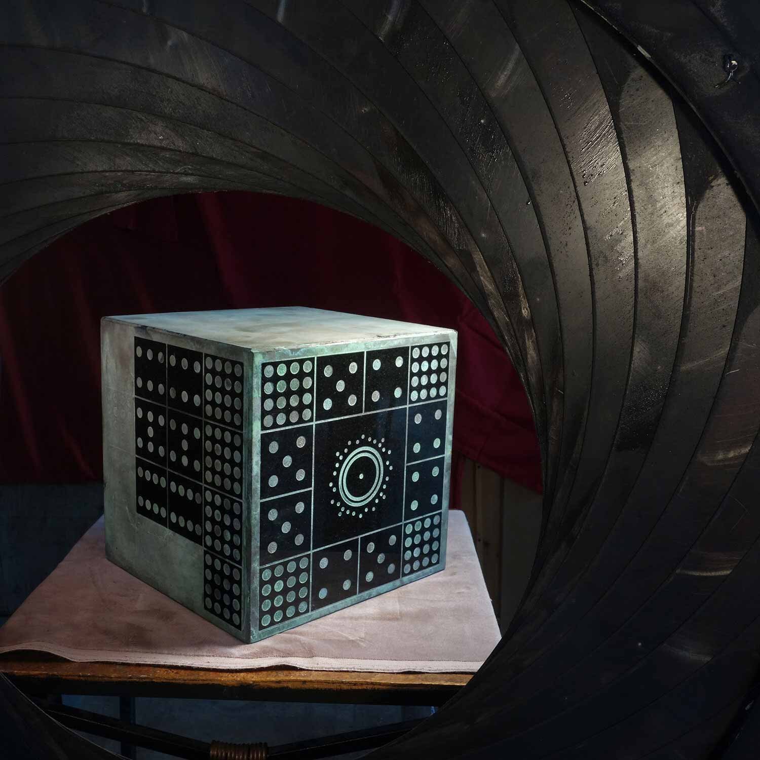 Domino Cube Cube: 8”x8”x8”, Base: 12”x12”x2”, copper on Gabbros