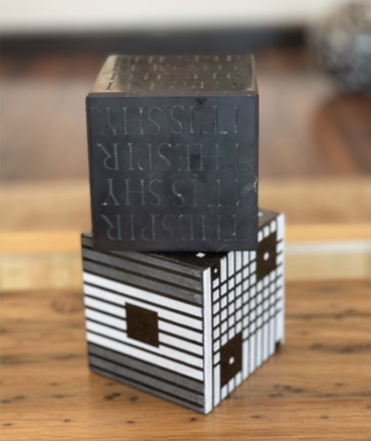 Top Cube: The Spirit is Shy 4”x4”x4”, Shungite - Bottom Cube: B&W Modernism Cube: 4 ¼”x4 ¼”x 4 ¼”, Gabbros and Paint