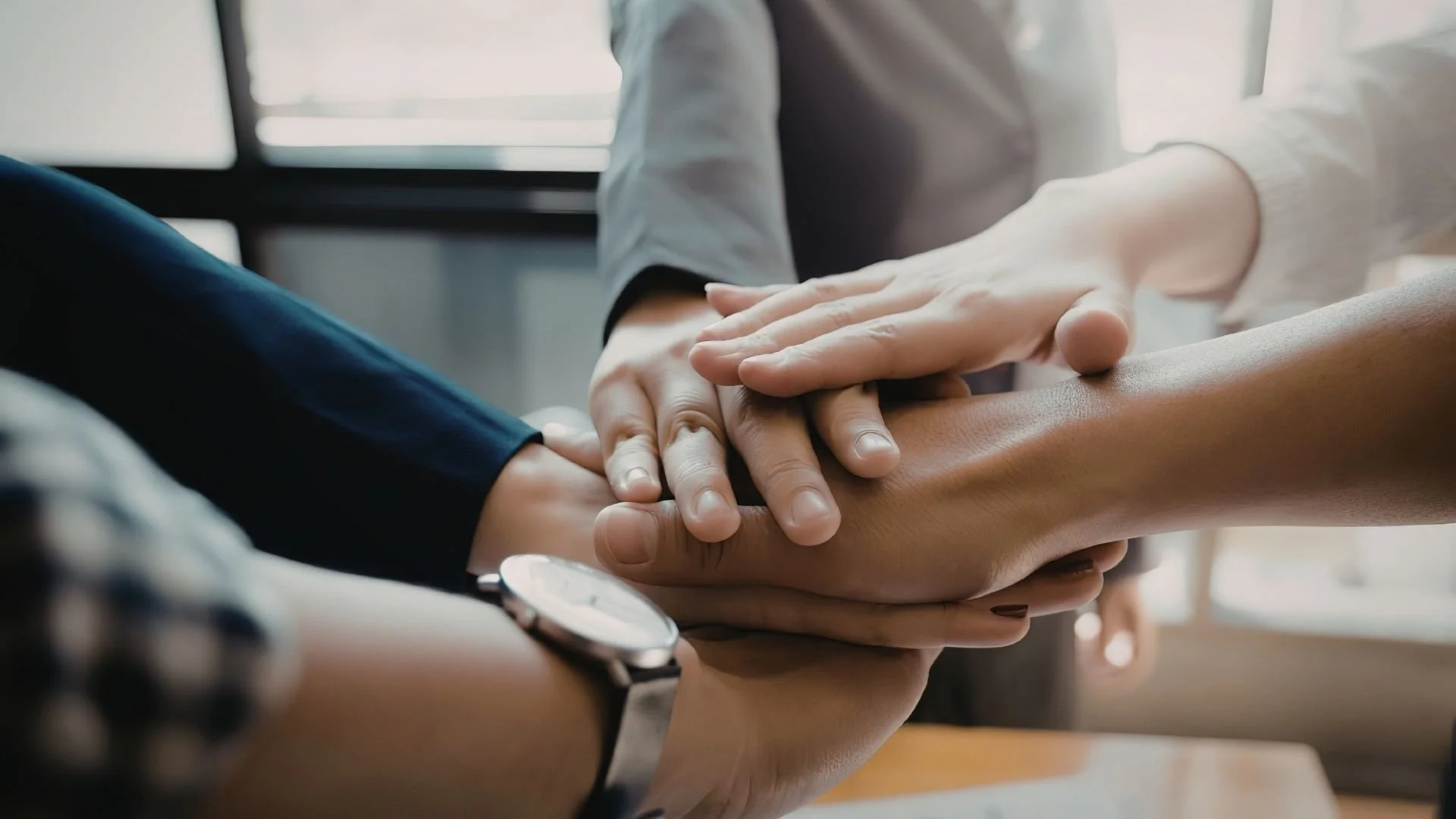 Team of people putting hands together in a group huddle.