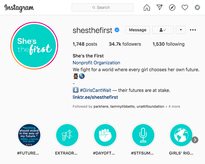 Screenshot of She's the First Instagram Profile