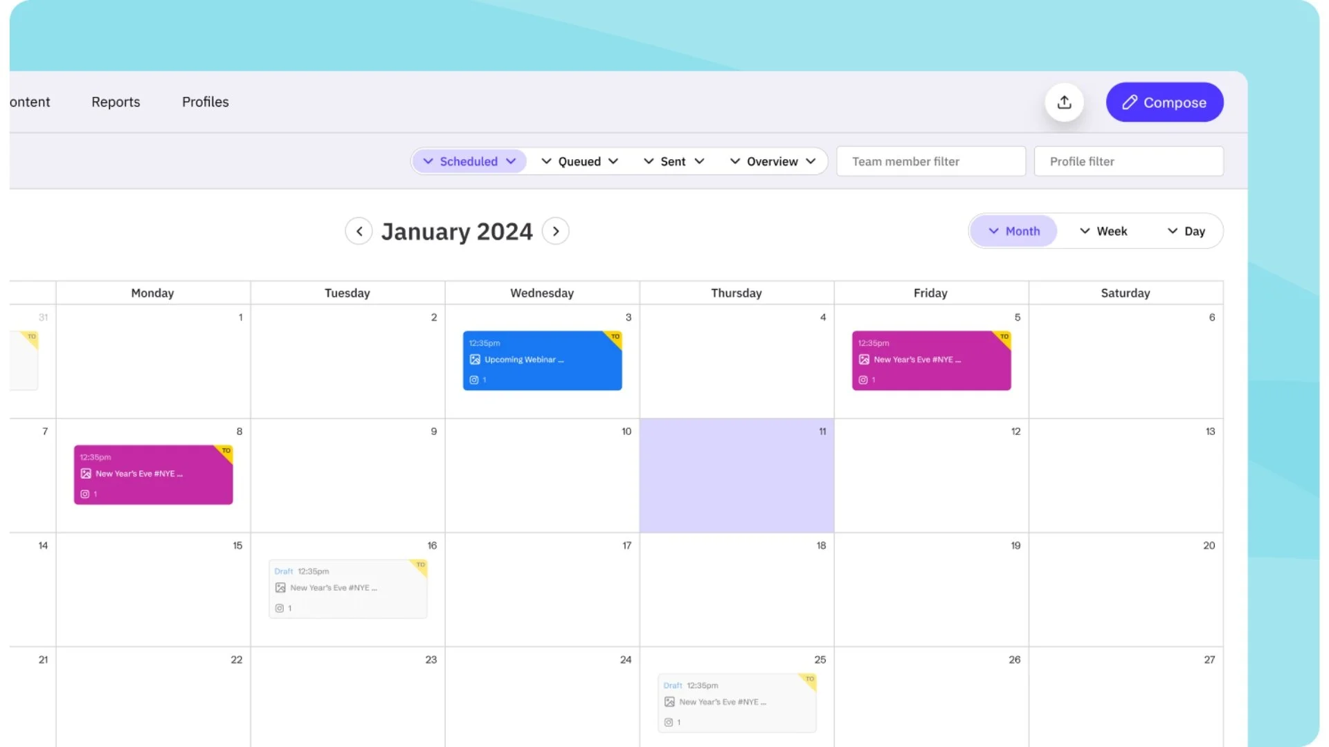 Sendible social media scheduling tool calendar showing planned nonprofit social media posts