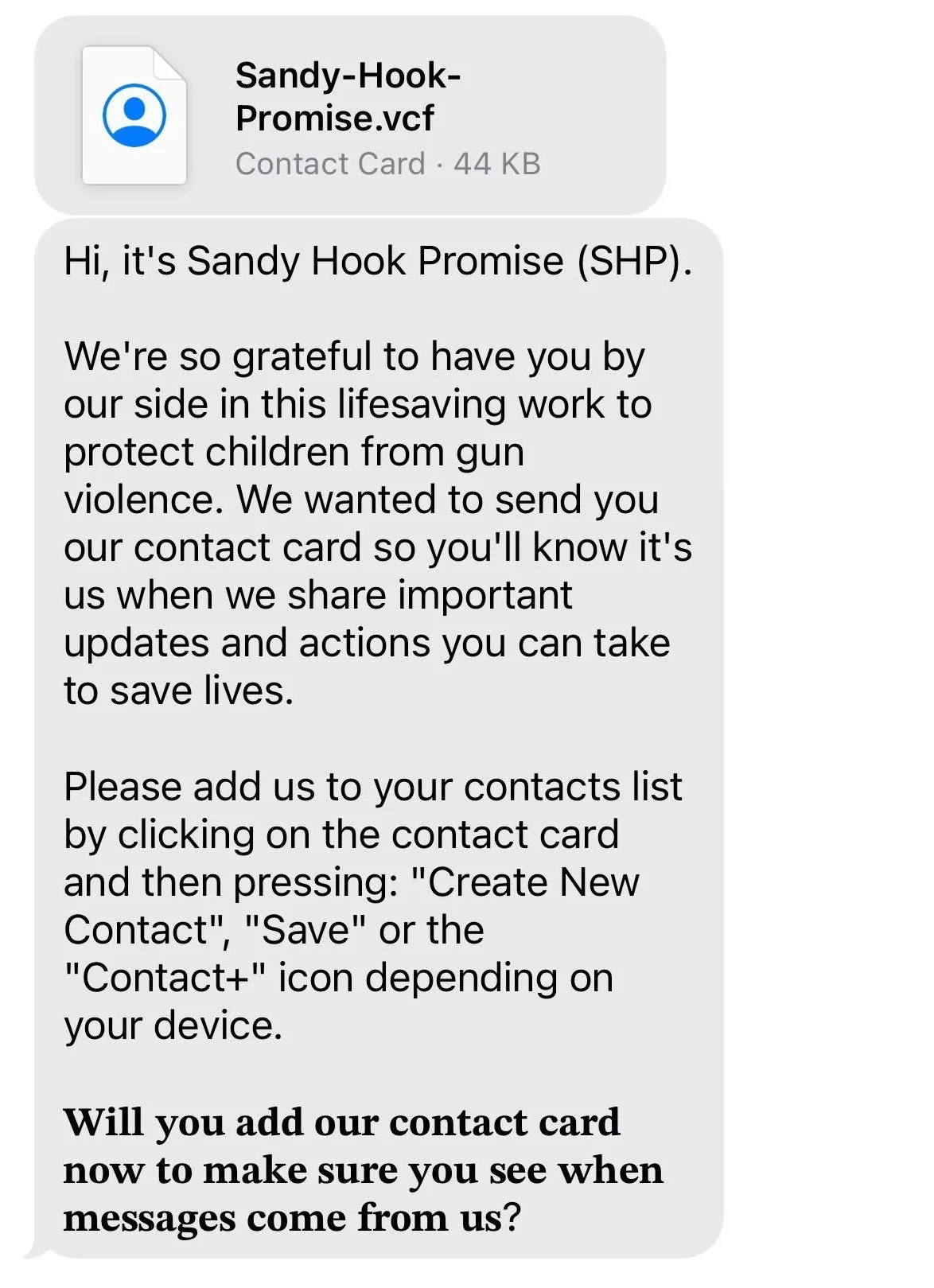 Automated nonprofit text message welcoming new supporters after signing an advocacy petition.