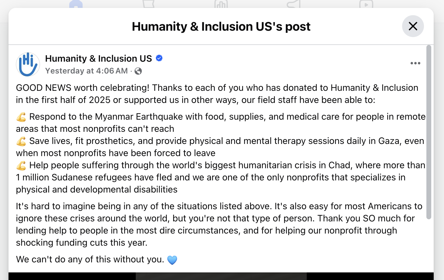 Meta ad thanking nonprofit supporters and highlighting humanitarian impact as part of a donor stewardship campaign.