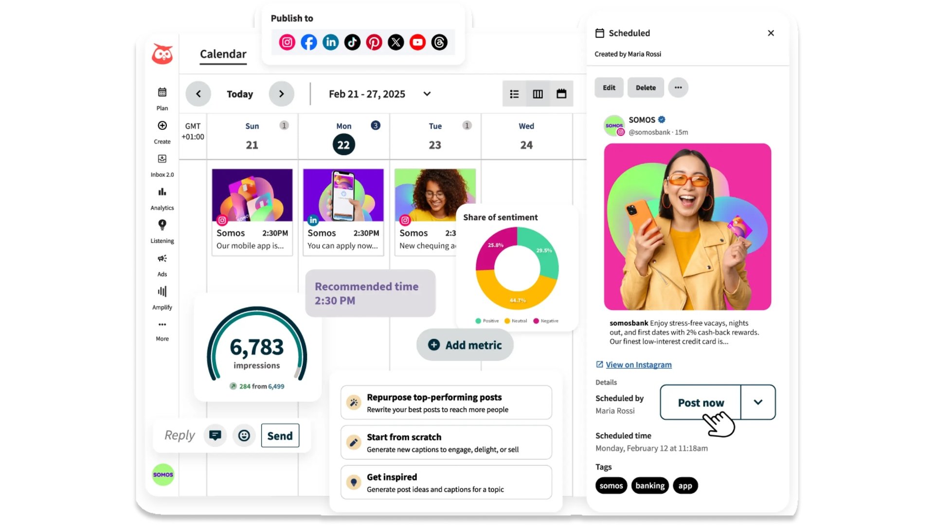 Hootsuite social media scheduling tool dashboard with analytics and post calendar