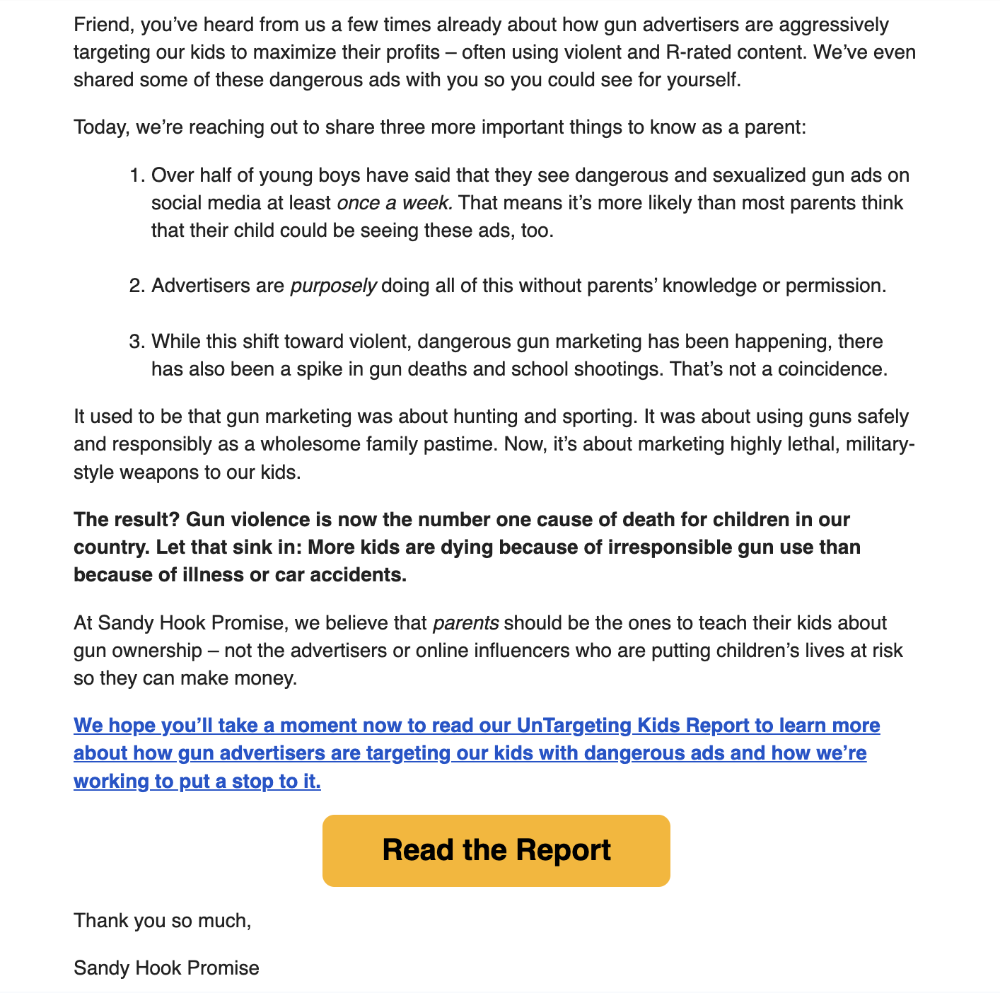 Nonprofit advocacy email encouraging supporters to read a report and take action through an integrated communications campaign.