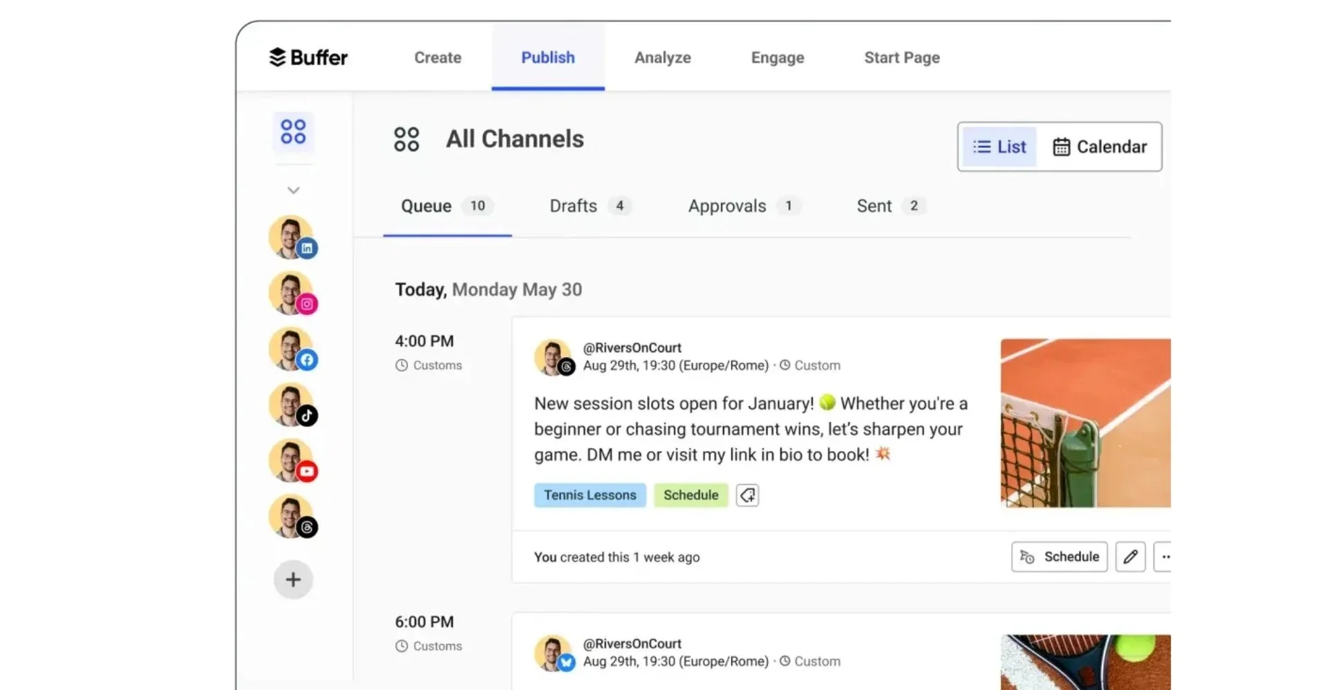 Buffer dashboard showing scheduled posts in a social media scheduling tool calendar