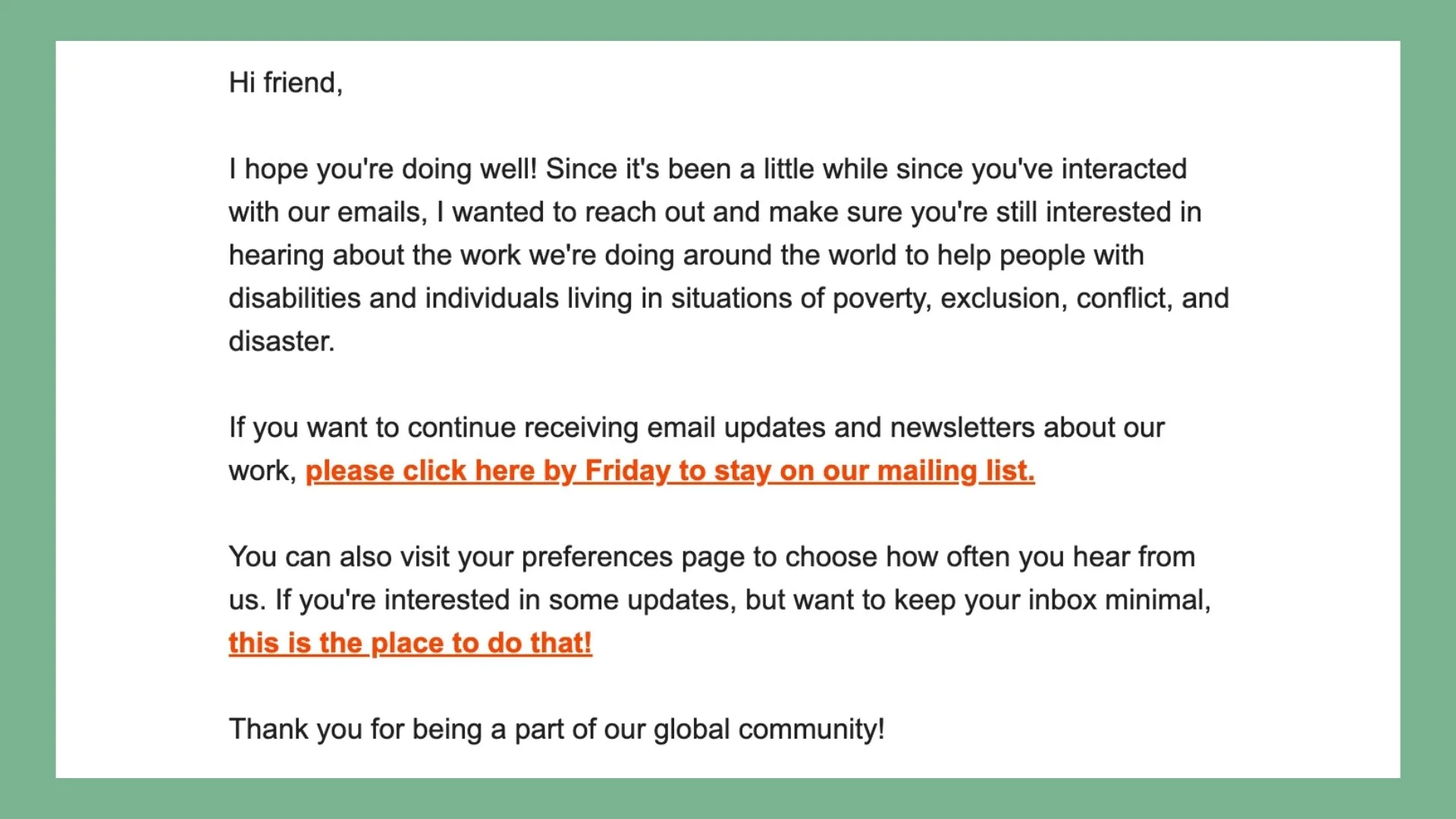 Example of a nonprofit re-engagement email campaign designed to reconnect inactive subscribers with a plain text email.