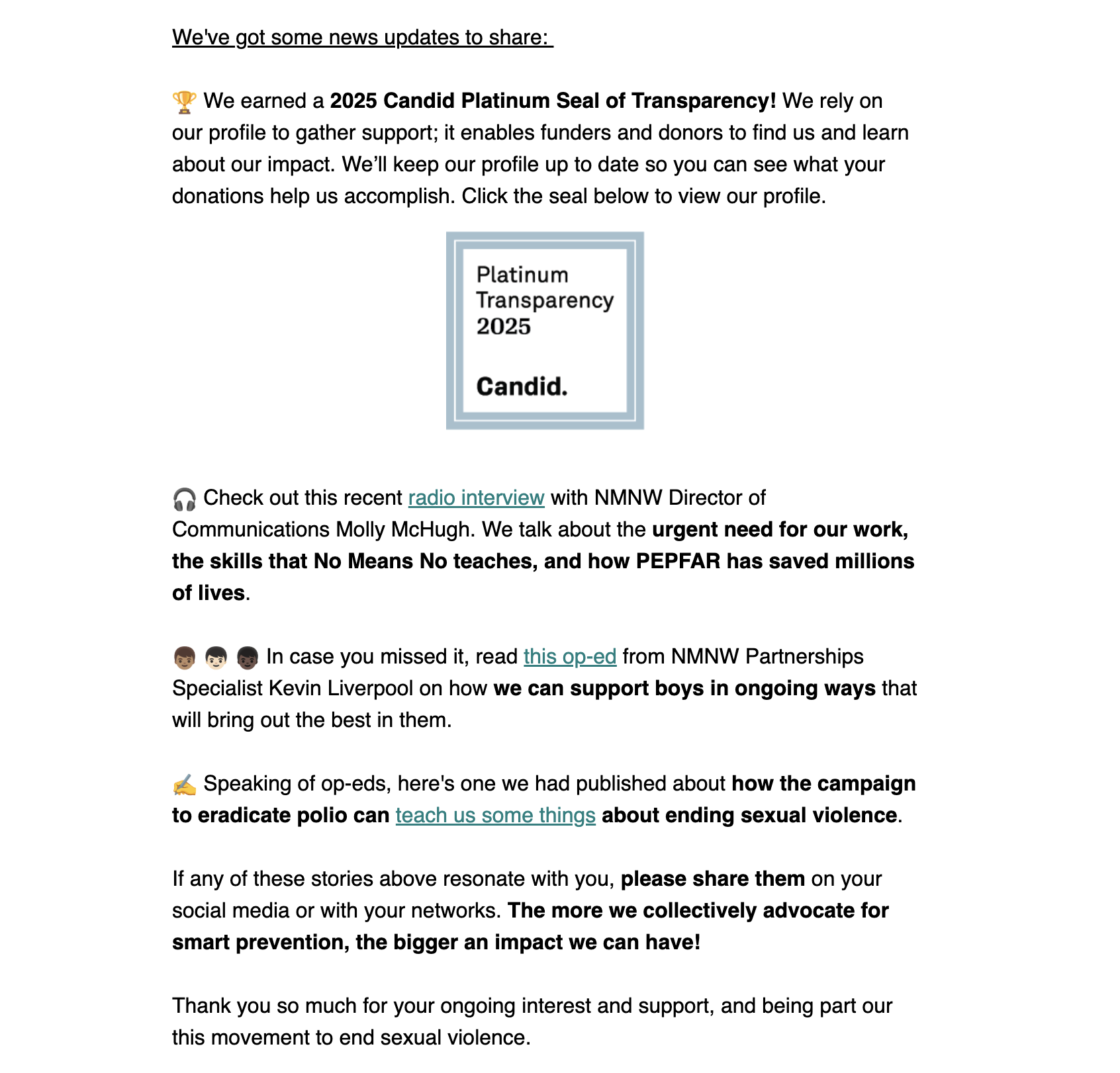 Example nonprofit email highlighting media coverage and organizational credibility to strengthen donor engagement.