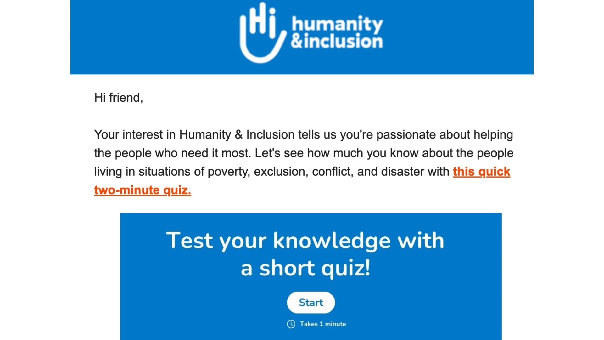 Nonprofit re-engagement email campaign example using a quiz to boost subscriber engagement.
