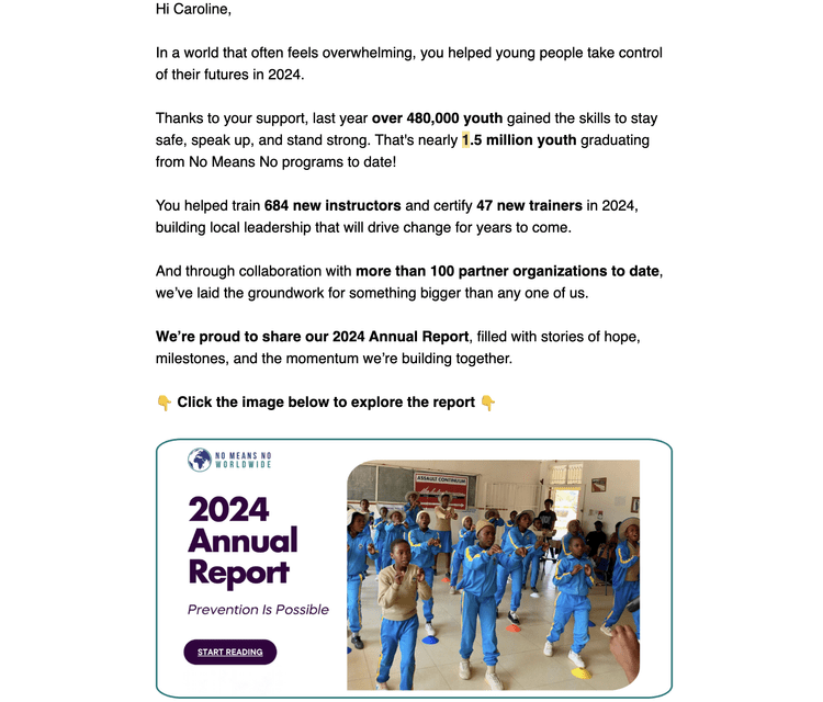 Nonprofit annual report email sharing impact statistics and accomplishments to build donor trust before year-end fundraising.