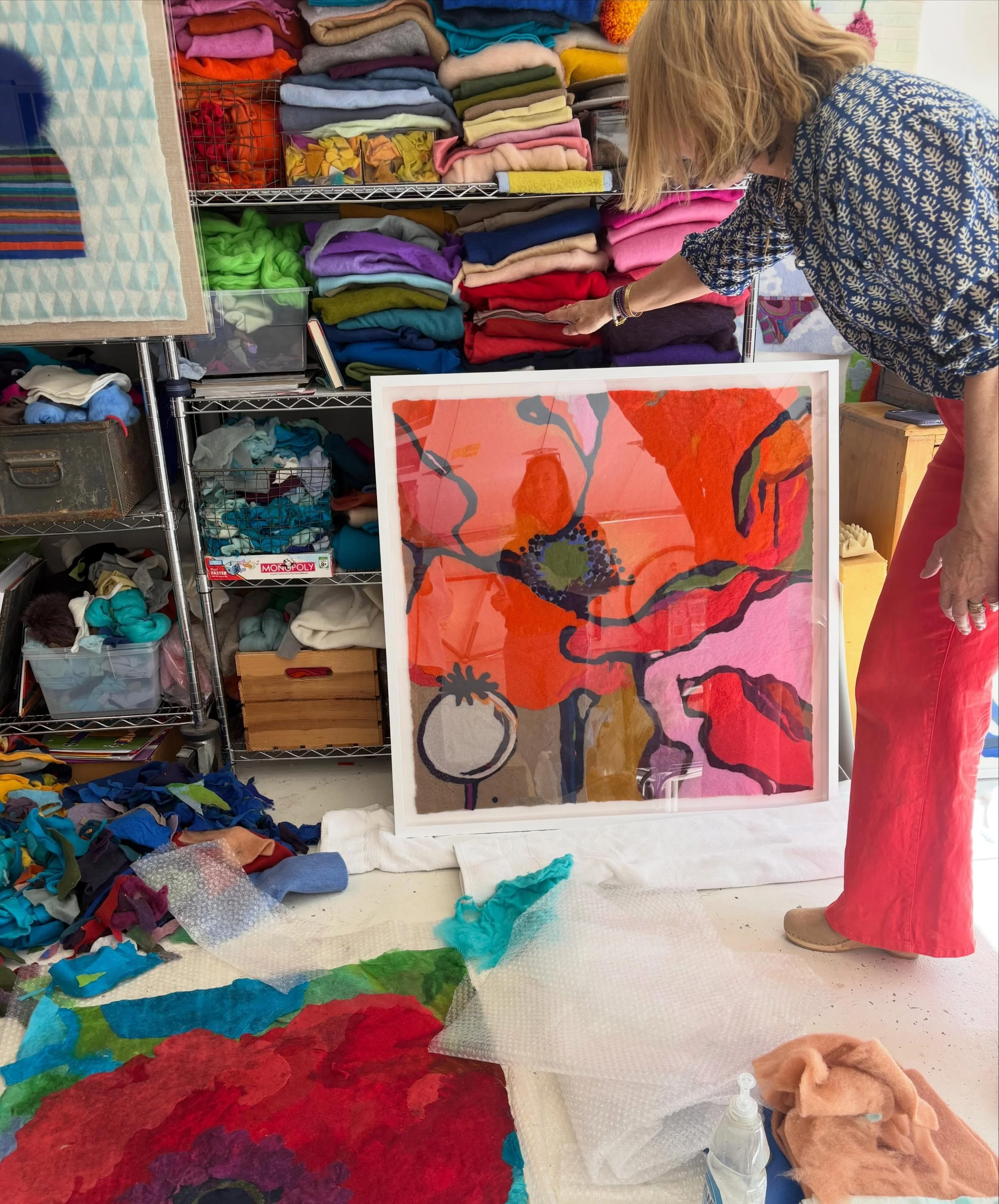 Always love taking clients to meet artists and @maryanne_quinn_art is color and sunshine in studio (here)  or out of it. Her felted works explode with joy.
.
.
.
#art #artoninstagram #artistsoninstagram #color #felt